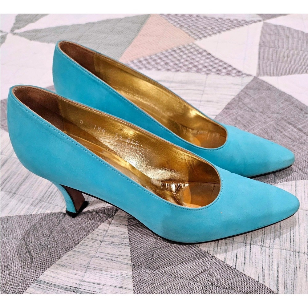 Escada Pumps Women 7.5 B Turquoise Blue Suede Gold Lining Good Vintage Italy